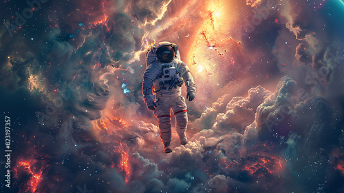 Dreamy cosmonaut on a spacewalk, surrounded by stars and planets