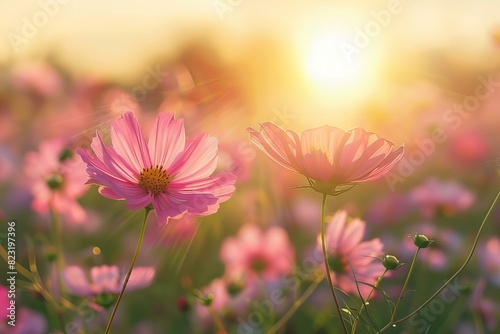 Pink flowers blooming under setting sun