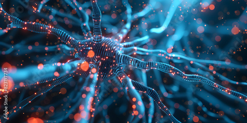 Neural cells featuring luminescent connections resembling knots Glowing neurons within the brain, Illustration of a neural network of intertwining multicolored threads in a dark background 