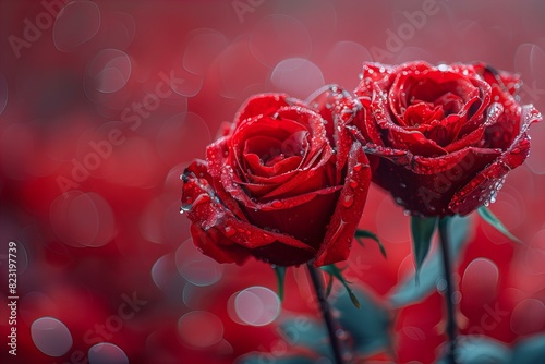 Two red roses glisten with rain drops photo