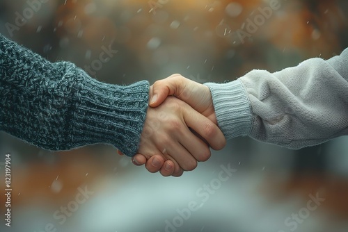 Two men shaking hands in snow