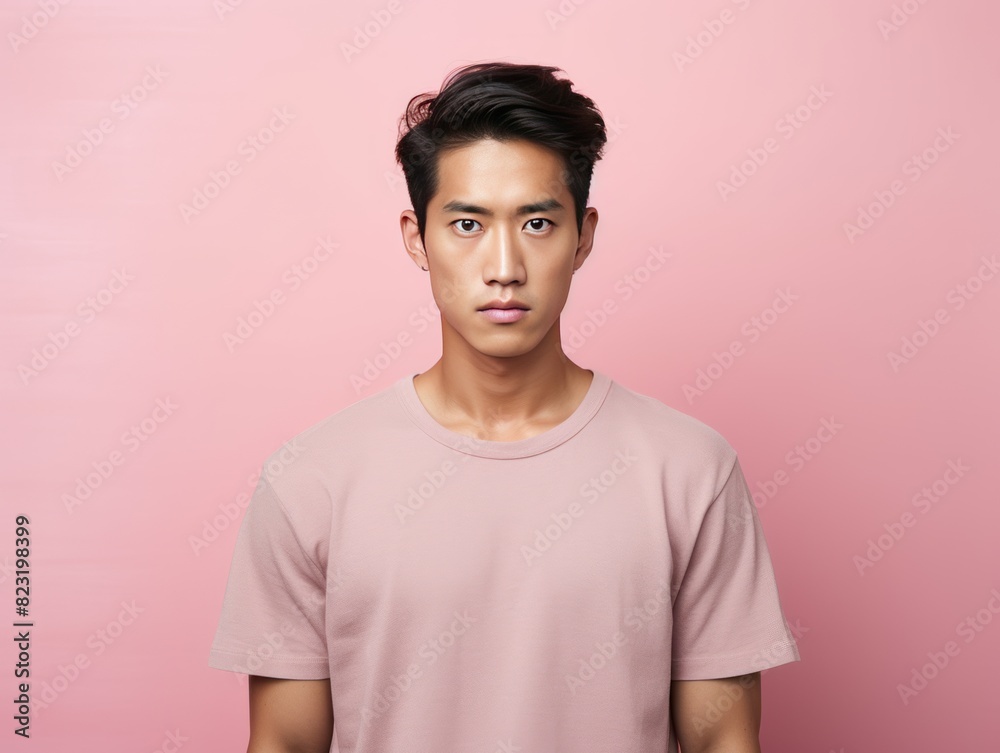 Pink background sad asian man realistic person portrait of young teenage beautiful bad mood expression boy Isolated on Background depression anxiety fear burn out 