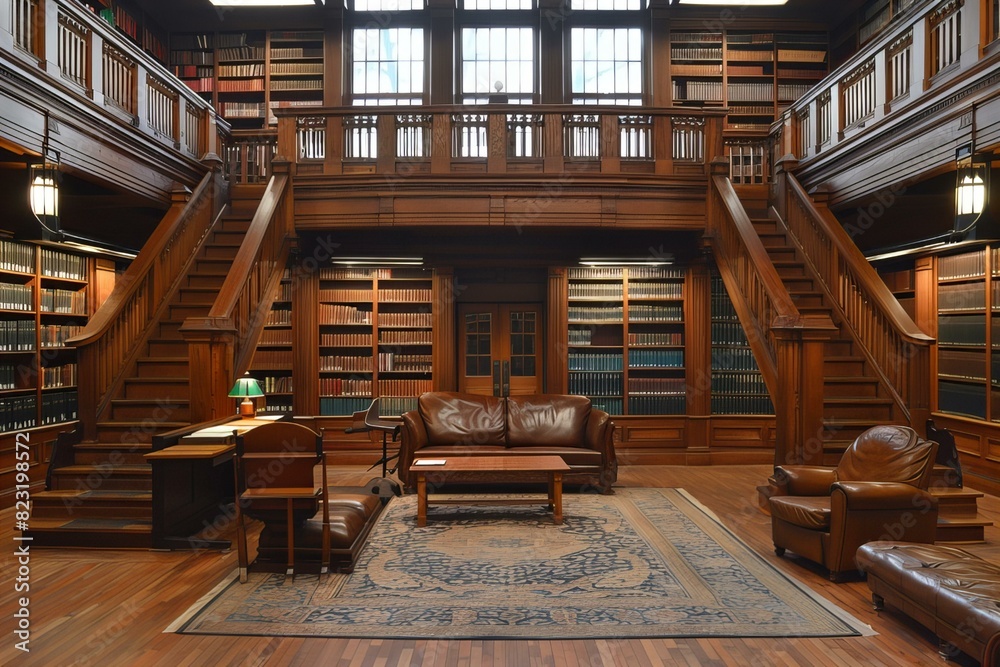 Wooden bookshelves and a couch in a library Wooden bookshelves and a couch in a library