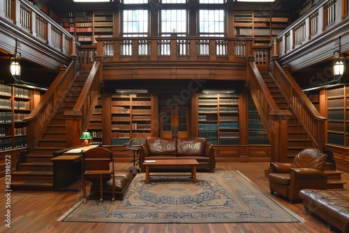Wooden bookshelves and a couch in a library