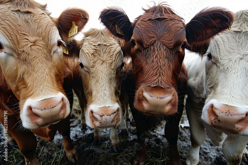 Four cows standing together in a muddy field