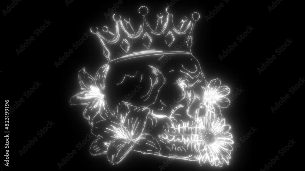 white silhouette of Beautiful romantic skull with crown and elegant wreath of flowers on black background