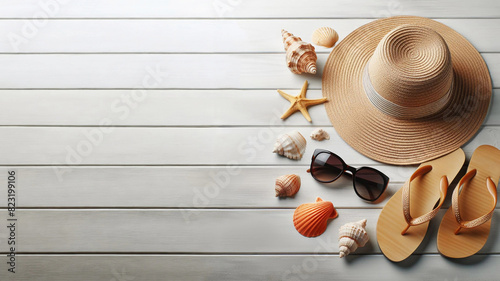 A hat, sunglasses and flip-flop with seashell on a white wooden deck, summer vacation design concept photo