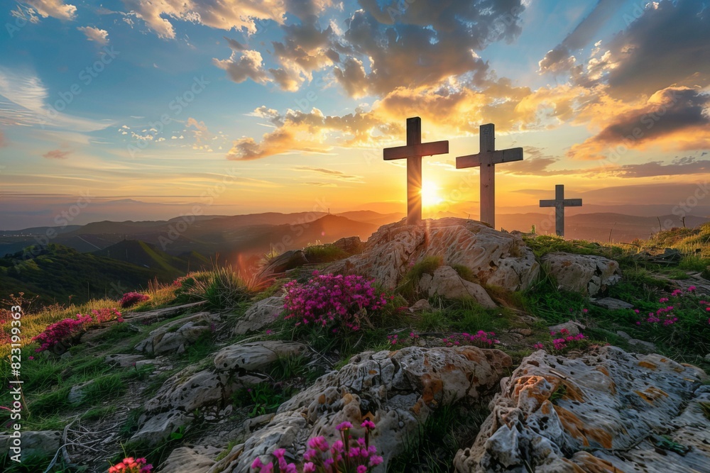 Two crosses stand on a hill amid vibrant flowers