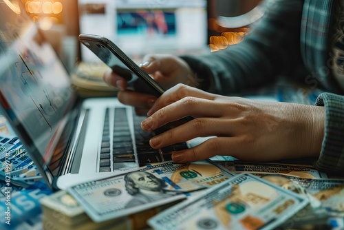 Person using cell phone and laptop on table with money photo