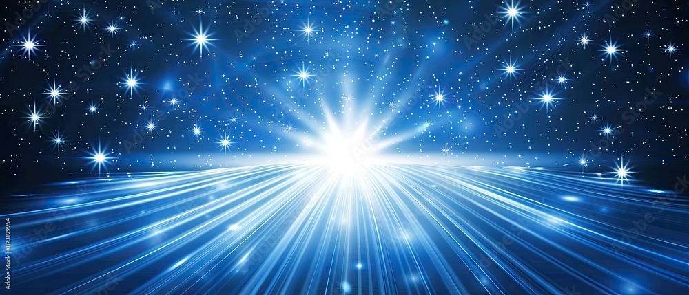 custom made wallpaper toronto digitalBright glowing stars and light beams in a vibrant blue space background, symbolizing hope, inspiration, and the vastness of the universe.