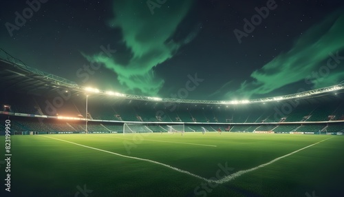 soccer stadium with illumination, green grass and night sky.