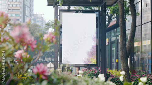 Blooming spring flowers at a city park bus stop with a distinguished vertical blank billboard. photo