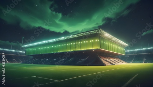 soccer stadium with illumination  green grass and night sky.