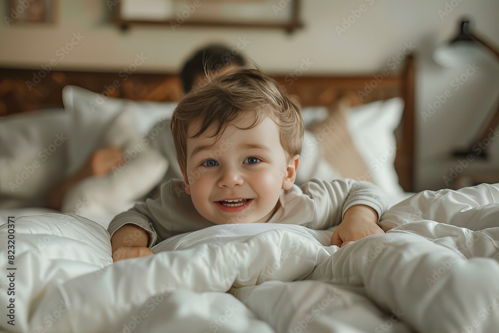 A child reclining on a bed with a cushion A child reclining on a bed with a cushion