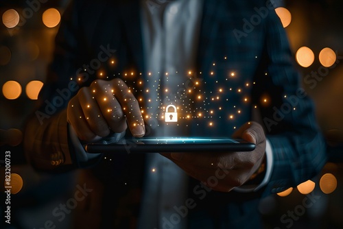 Person holding tablet with padlock in front of lit background