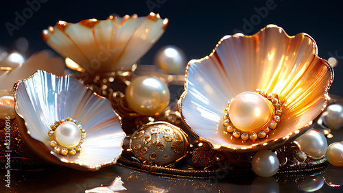 A close-up photo capturing the intricate sparkle of pearls and gold jewelry.