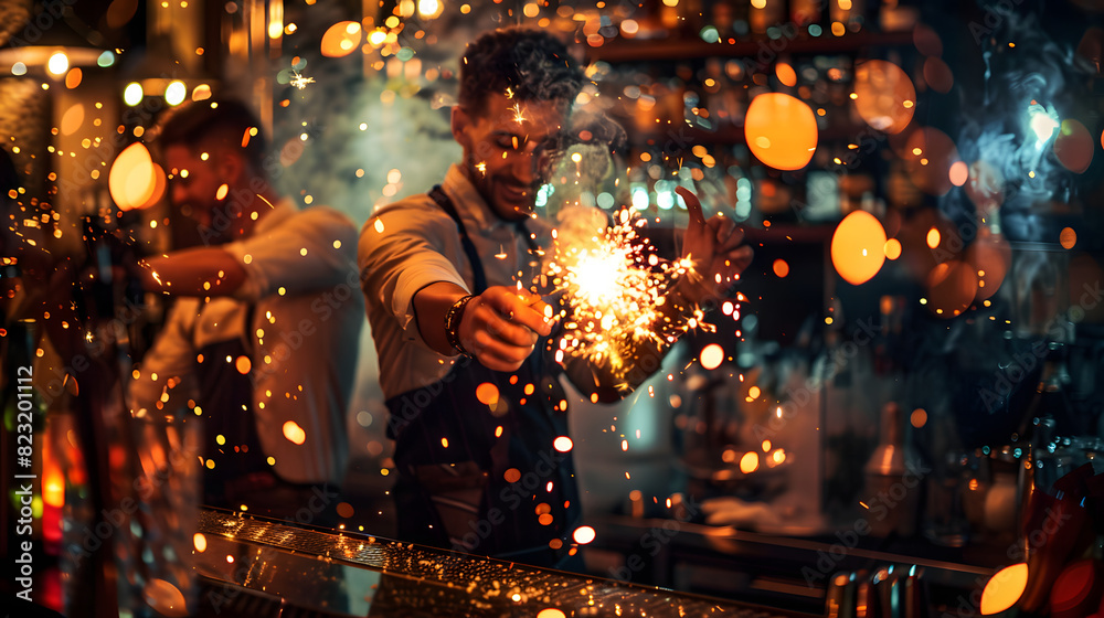 Bartenders with sparklers at nightclub