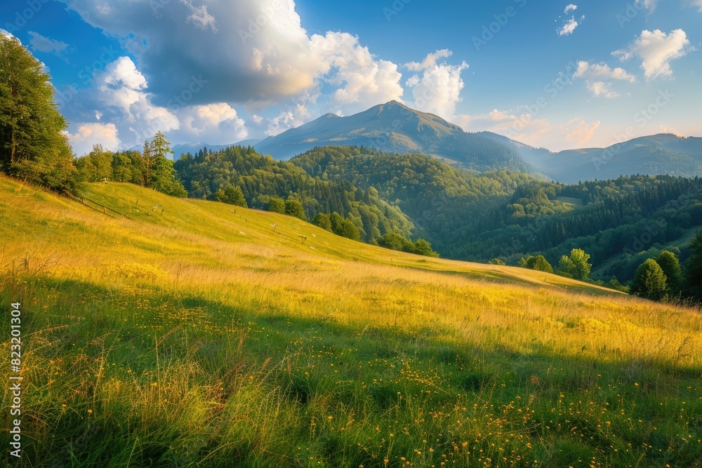 Sunny Mountains and Verdant Grassy Meadows