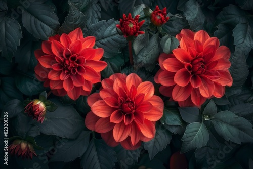 Three red flowers growing on plant © Sandu
