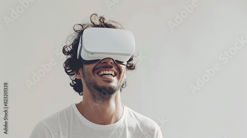 A man in a white t-shirt donning a pair of glasses with a futuristic design, exuding joy and fascination in a virtual reality experience. Generative AI