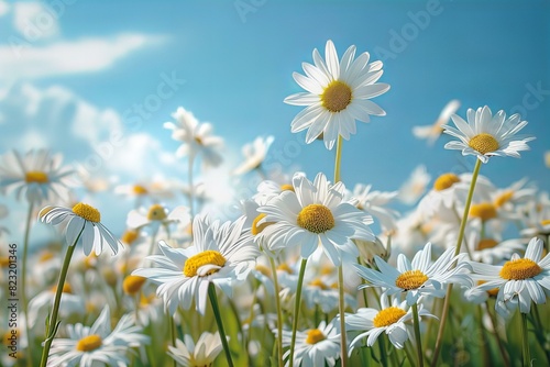 Field with white flowers under blue sky