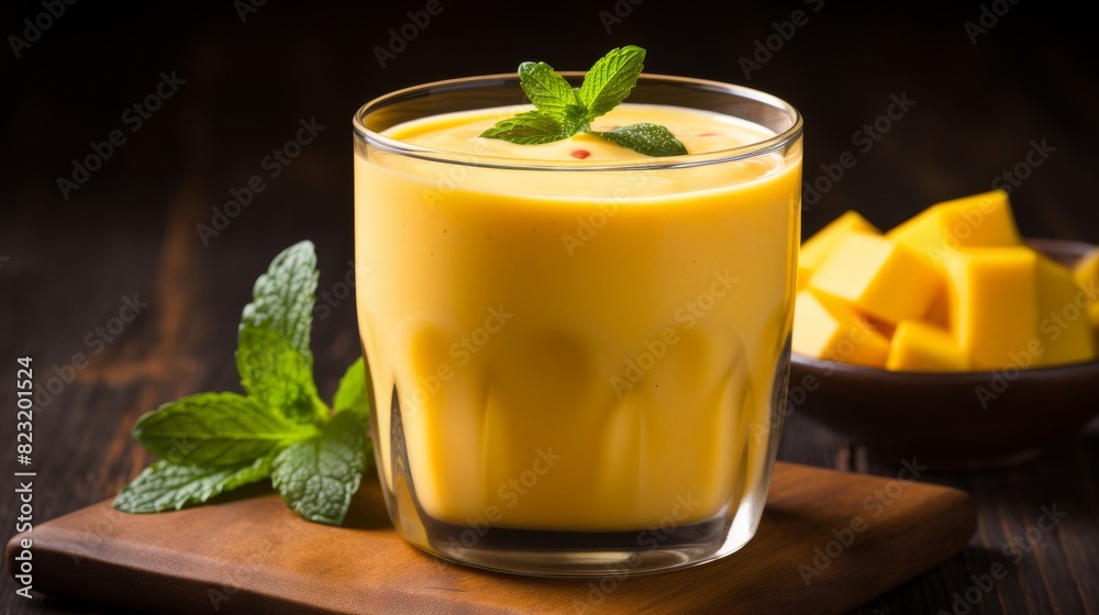 Close-up of creamy indulgent mango lassi Close-up of creamy indulgent mango lassi