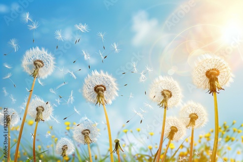 Many dandelions blowing in the wind on a sunny day