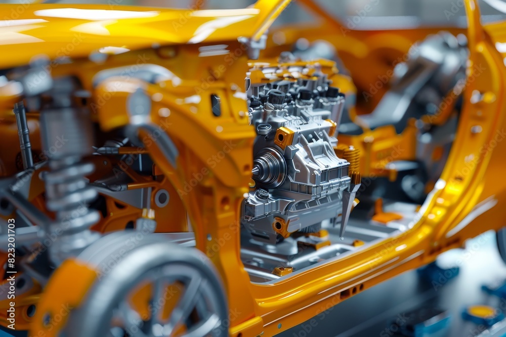 Fototapeta premium Close up photo of colorful car engine accessories