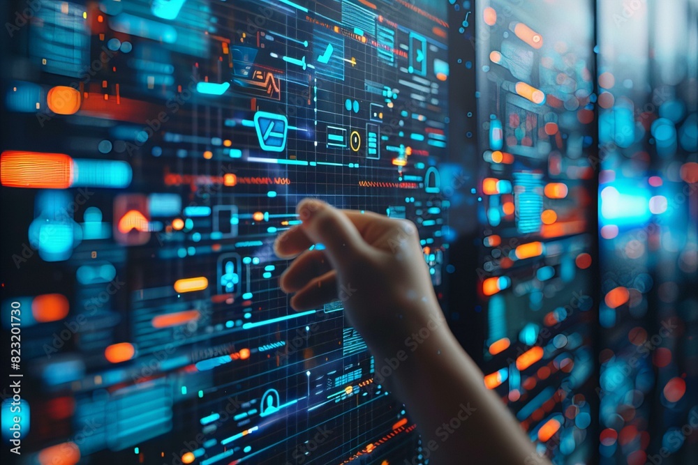 Person touching screen with finger Person touching screen with finger