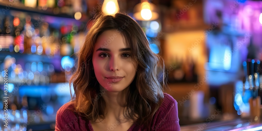 Young Latin woman with brown hair sitting alone in a bar. Concept Portrait Photography, Woman Sitting, Brown Hair, Latin, Solo Portrait Young Latin woman with brown hair sitting alone in a bar. Concept Portrait Photography, Woman Sitting, Brown Hair, Latin, Solo Portrait