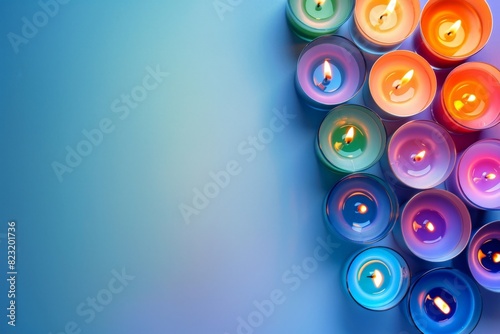 Colorful Tealight Candles Arranged on Gradient Blue Background
