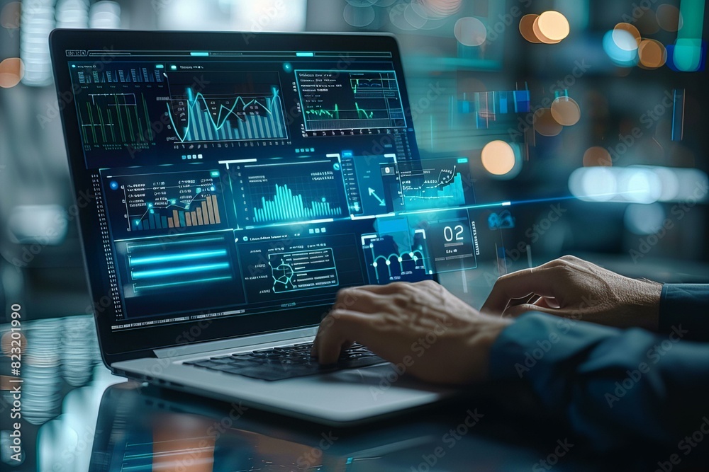 Person typing on laptop with data on screen Person typing on laptop with data on screen