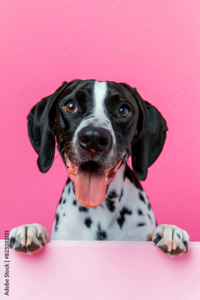 A black and white dog with a pink background. The dog is smiling and has its tongue out. a happy pointer dog sitting behind a pink table, one of its paws resting on the table, soft pink background