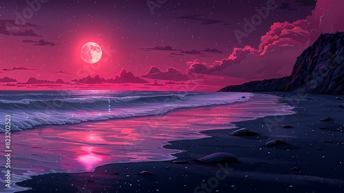 Wallpaper Illustration  Black and Pink Beach Party  A lively drawing of a beach party at night  with pink neon lights  black sand  and cute decorations creating a cool and vibrant atmosphere.