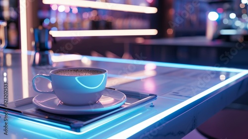A futuristic coffee shop with a news table where customers can read and interact with news stories while enjoying a coffee.