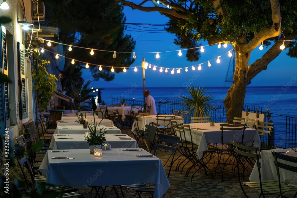 Restaurant Terrace Offering a Stunning Nighttime Sea View