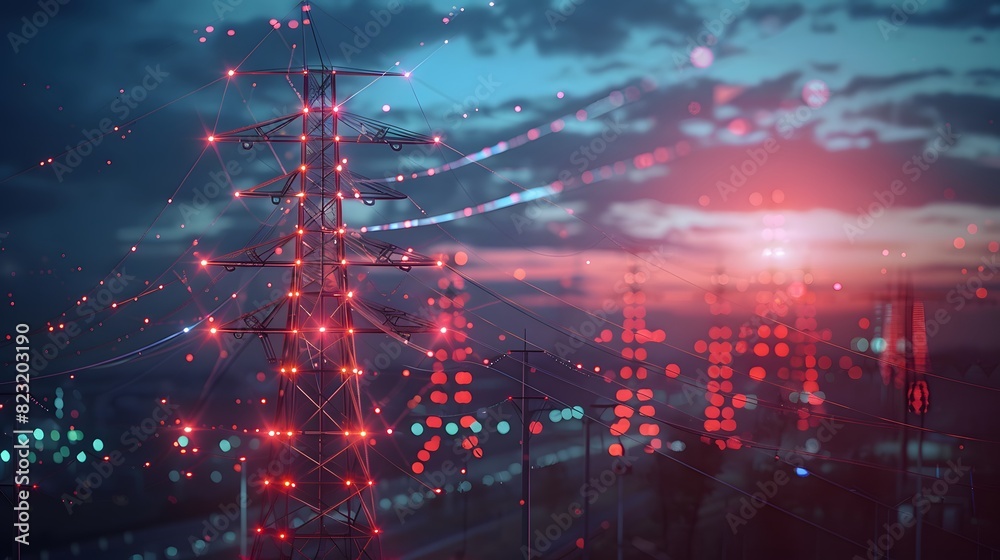 Obraz premium A vibrant depiction of an electric city at night with power lines and digital elements, symbolizing the dynamic energy and technological advancements of urban infrastructure.
