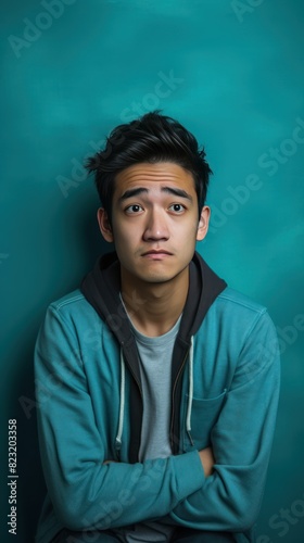 Turquoise background sad asian man realistic person portrait of young teenage beautiful bad mood expression boy Isolated on Background depression anxiety fear burn out