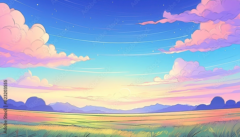 Beautiful night sky in summer, anime style with outline style