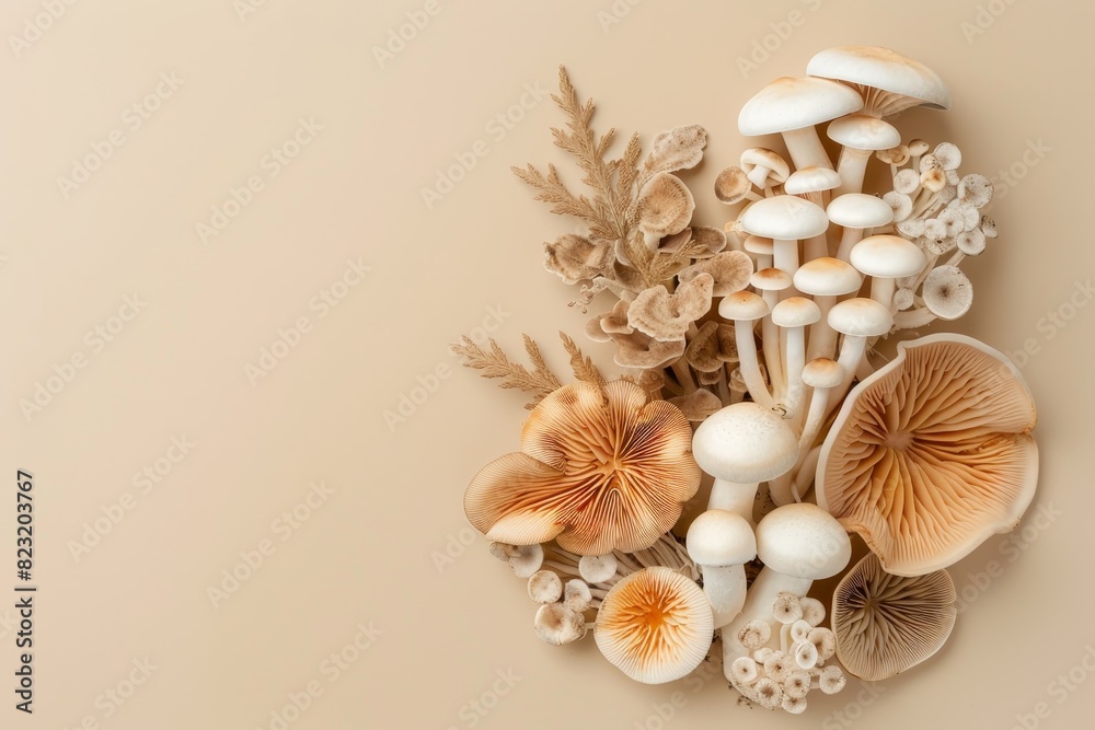 Image of various types of mushrooms on a plain background.