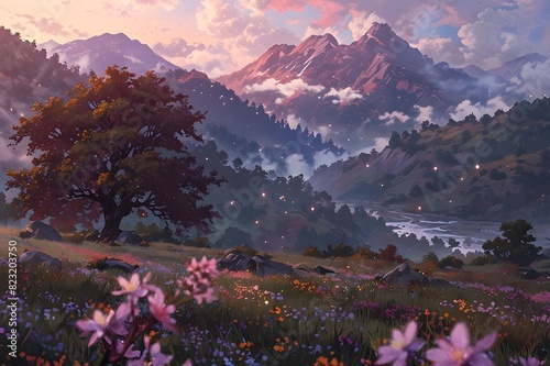 a tranquil valley with vibrant wildflowers, a crystal-clear river, and an ancient cherry blossom tree