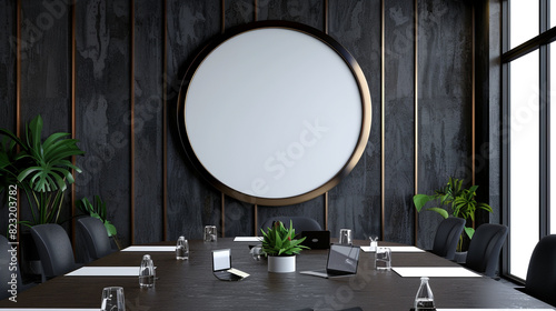 Corporate gathering around a wall-mounted, medium-sized circular blank TV screen in a boardroom. photo