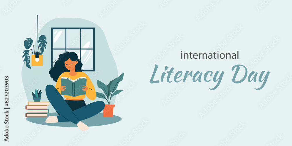 Naklejka premium Woman reading book while sitting flat style . Landing page international literacy day concept. Vector illustration horizontal banner template for school, university, online education, courses