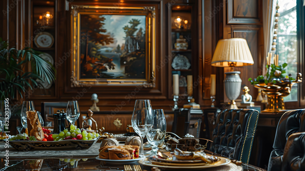A photo featuring breathtaking fine art prints inspired by classical paintings, displayed as gallery-style wall art in a traditional dining room. Highlighting the exquisite details and rich colors of A photo featuring breathtaking fine art prints inspired by classical paintings, displayed as gallery-style wall art in a traditional dining room. Highlighting the exquisite details and rich colors of