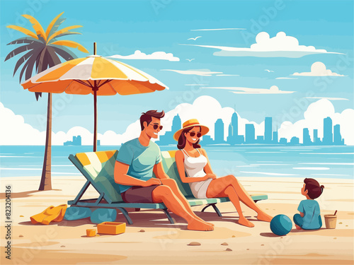 Happy family having a rest on a summer city beach sitting in a chaise-longues under umbrella vector illustration