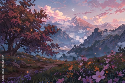 a tranquil valley with vibrant wildflowers, a crystal-clear river, and an ancient cherry blossom tree