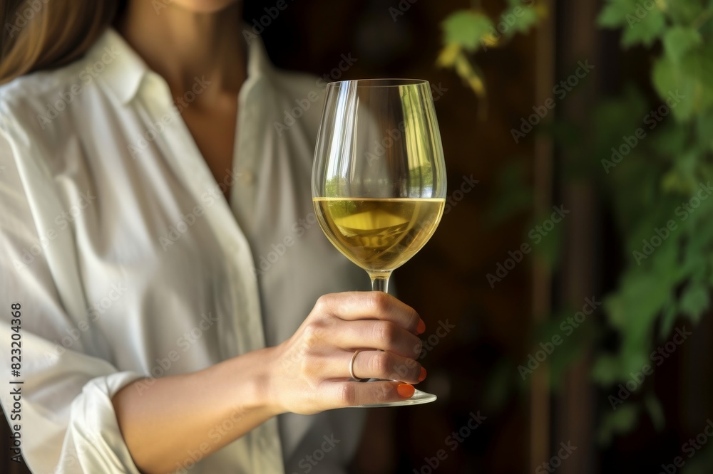 glass of white wine in woman's hand. wine tasting. examining color of wine. grape wine golden color. woman raises her glass. wooden blurred background. side view. copy space