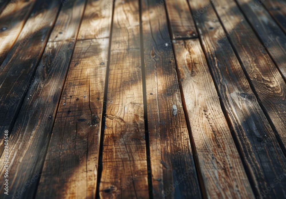 A closeup of the wooden planks, showcasing their rich and deep brown color with visible grain patterns