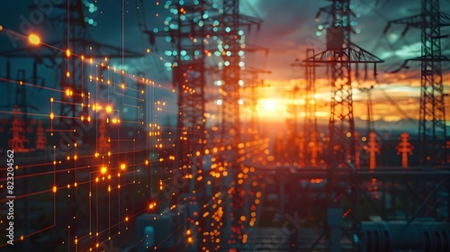 Abstract image of electric power lines with bokeh lights at night, creating a visually striking representation of energy and technology. photo