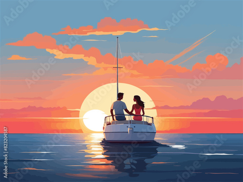 Love couple woman and man sitting on a yacht board and looking at bright sunset horizontal vector illustration